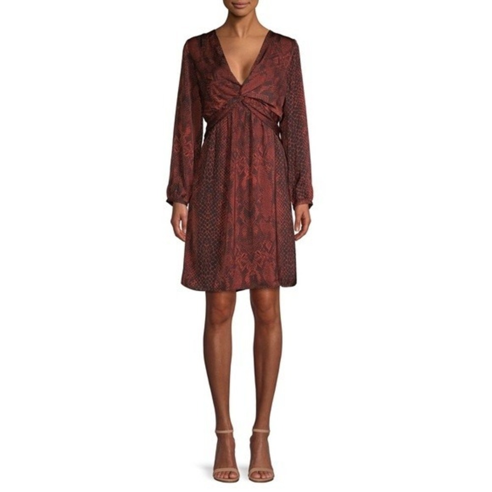 XL AVA & AIDEN rust red brown black snake print silky dress lined zip back knot